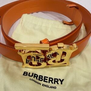Burberry Men's Orange Leather Belt with Gold Buckle